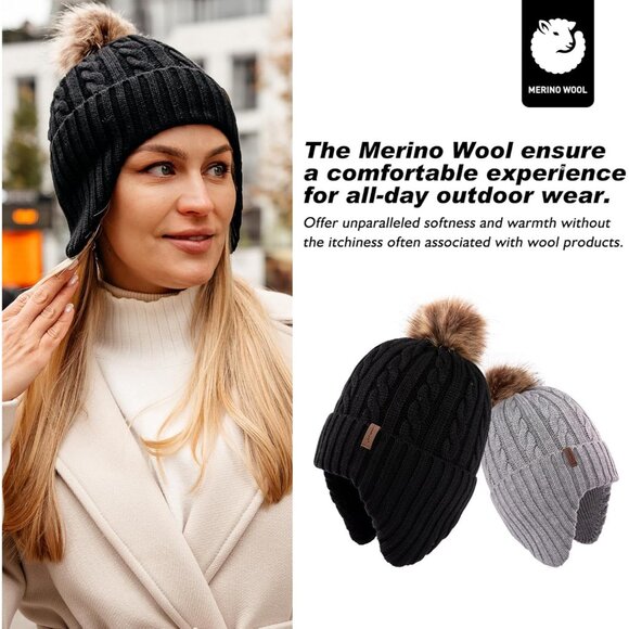 Wool Fleece Lined Beanie with Detachable Pompom Warm Winter Hat for Women - Picture 3 of 6